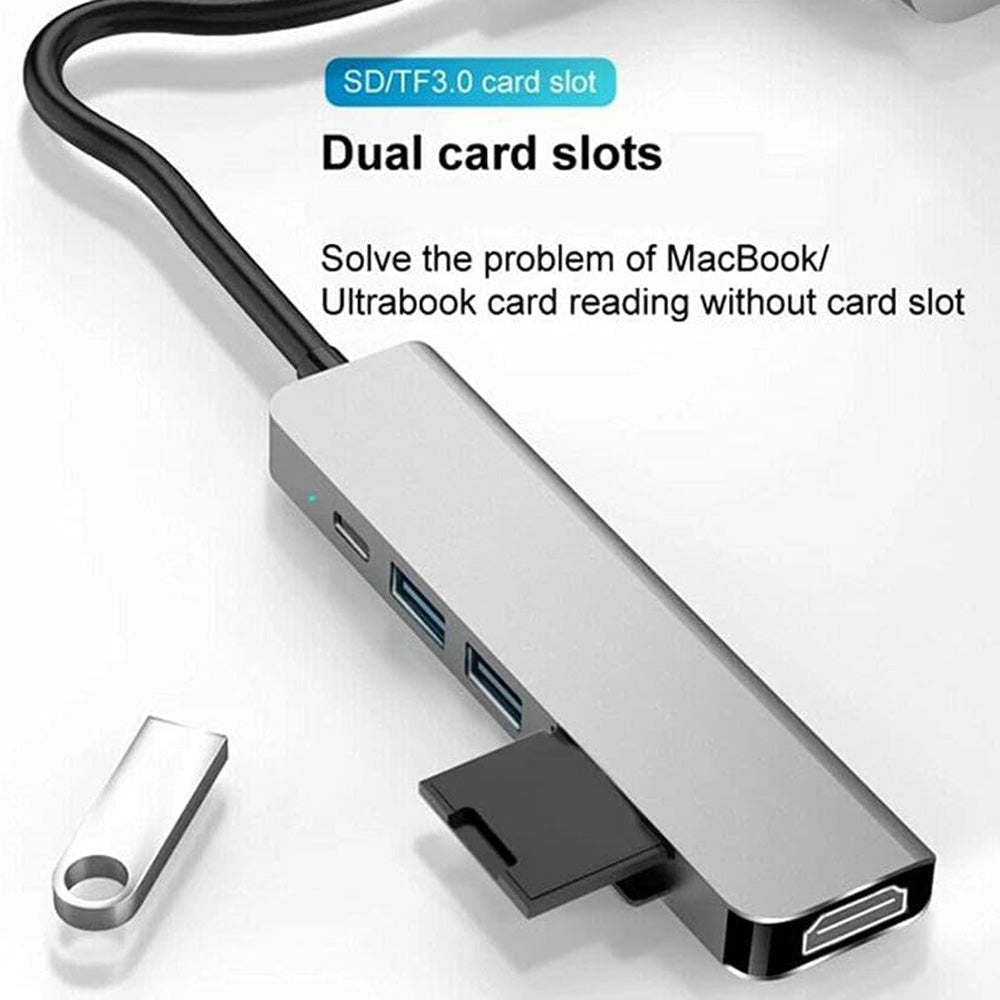 Hub USB-C Techsuit H5 TurboChargeX, 6v1, Siv