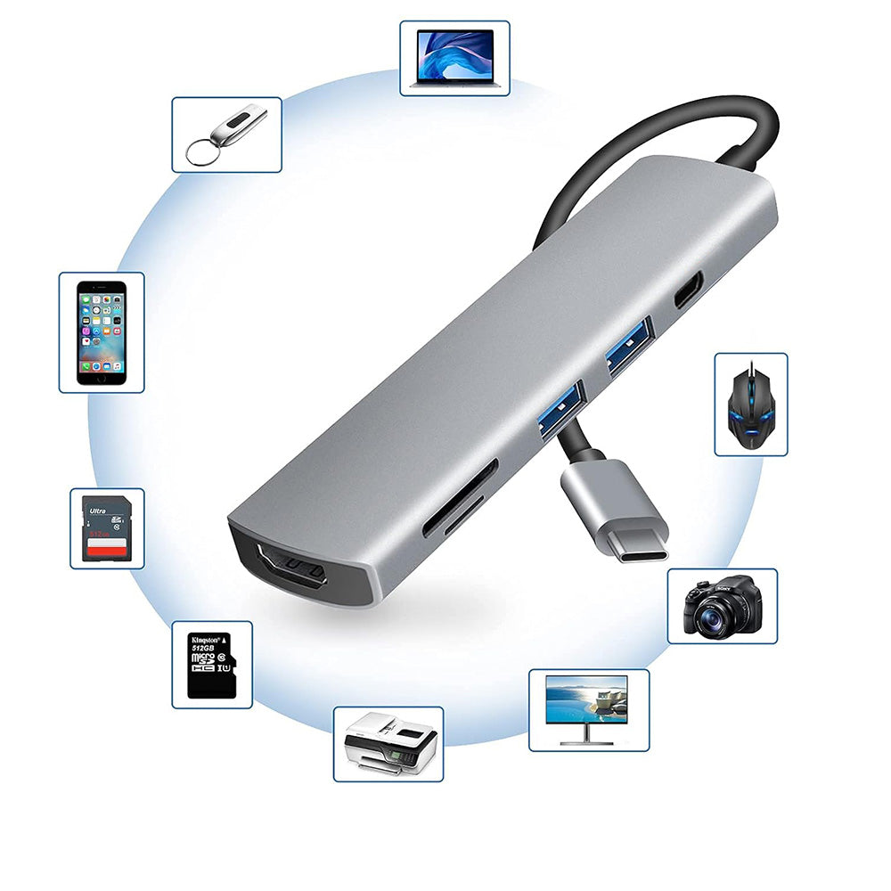 Hub USB-C Techsuit H5 TurboChargeX, 6v1, Siv