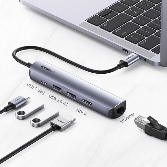 Hub USB-C UGREEN CM418 (10919), 2 x USB-A 3.0 - 1 x USB-C - 1 x HDMI - 1 x RJ45, Siv