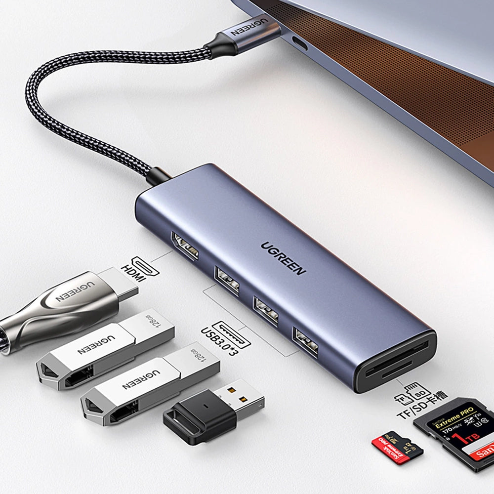 Hub USB-C UGREEN CM511 (20956A), 3 x USB-A 3.0 - 1 x HDMI - 1 x SD - 1 x microSD, Siv