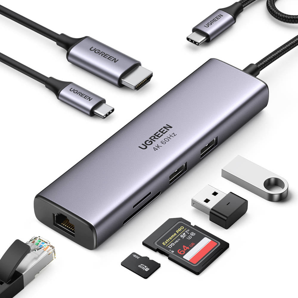 Hub USB-C UGREEN CM512 (60515), 2 x USB-A 3.0 - 1 x USB-C - 1 x HDMI - 1 x SD - 1 x microSD - 1 x RJ45, Siv