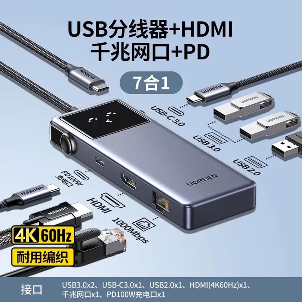 Hub USB-C UGREEN CM888 (45155) Uno, 6v1, Siv