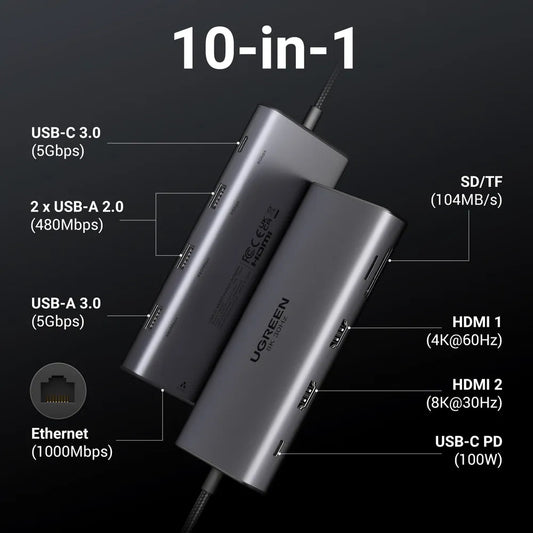 Hub USB-C UGREEN Revodok Pro 210 CM639, 1 x USB-A 3.0 - 2 x USB-A - 2 x USB-C - 2 x HDMI - 1 x RJ45 - 1 x SD - 1 x microSD, Siv