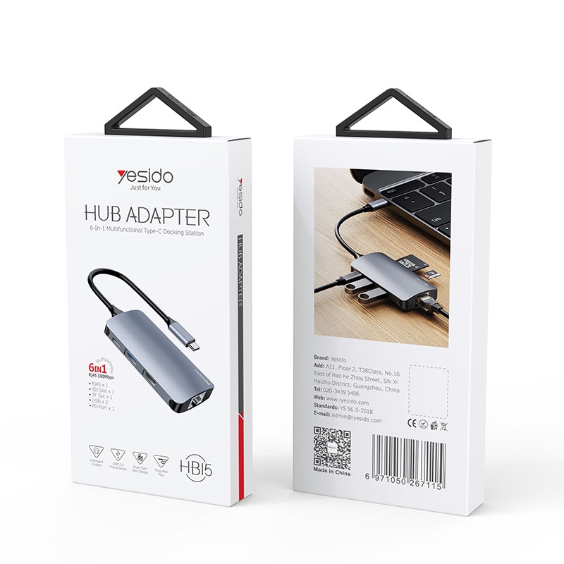 Hub USB-C Yesido HB15, 6v1, Siv