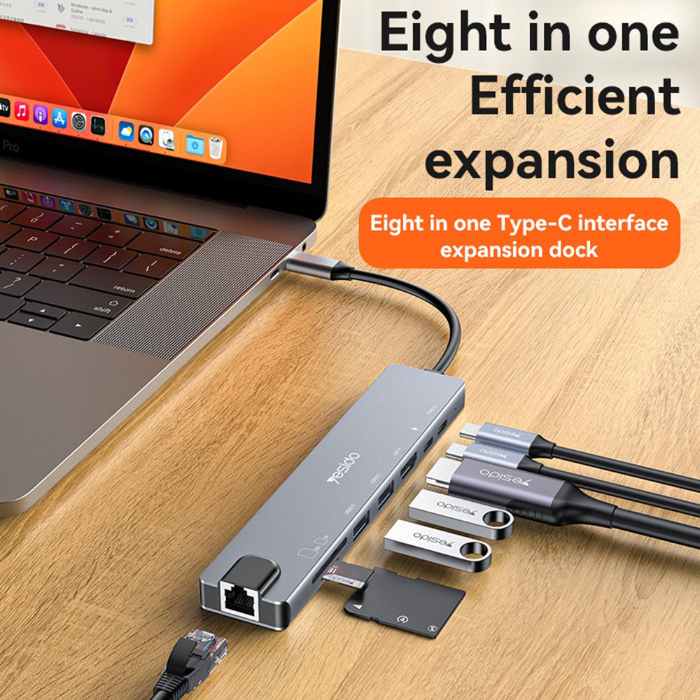 Hub USB-C Yesido HB27, 8v1, Siv