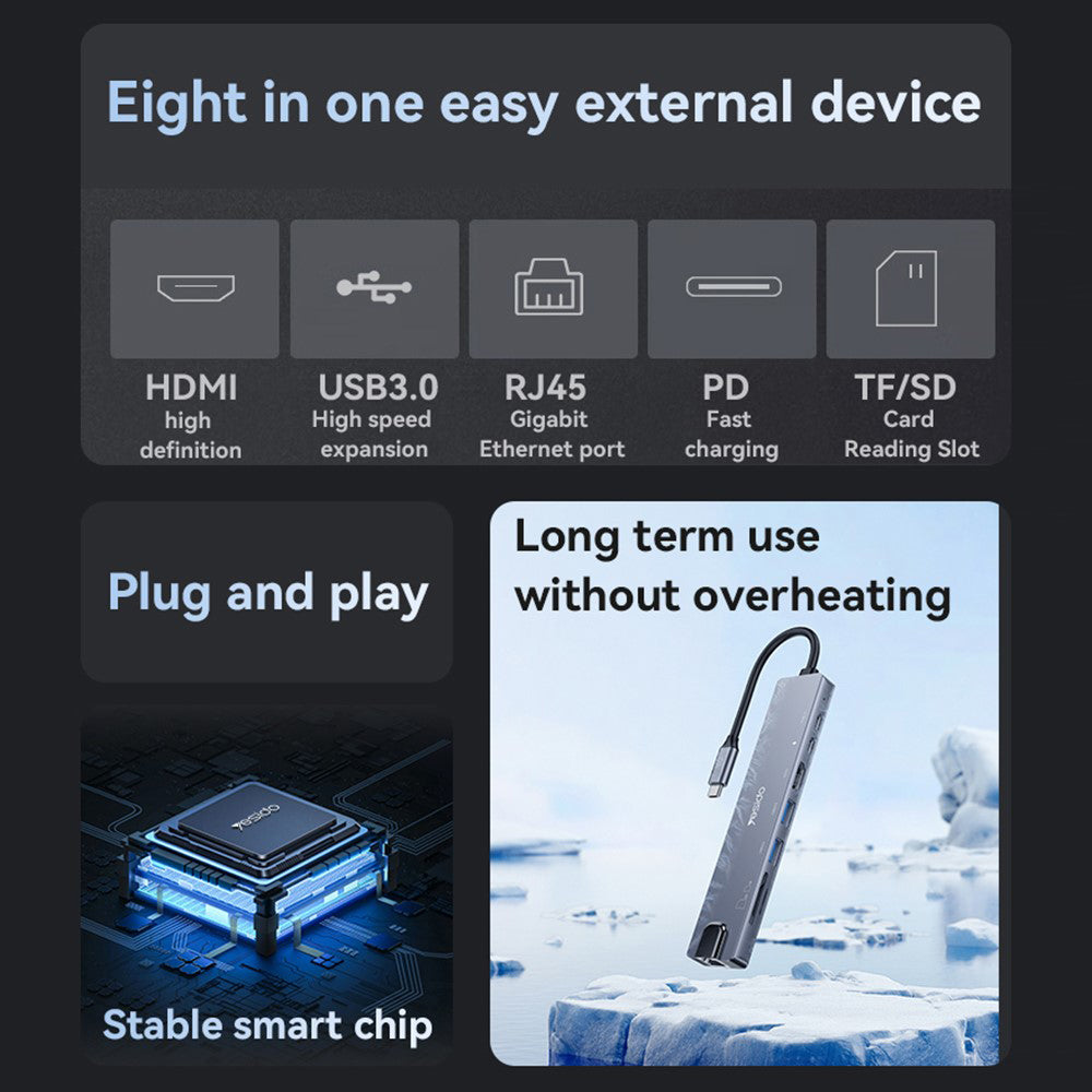 Hub USB-C Yesido HB27, 8v1, Siv