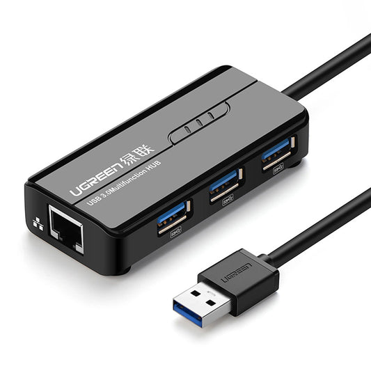 Koncentrator USB UGREEN 20265, 3 x USB-A 3.0 - 1 x RJ45, črn