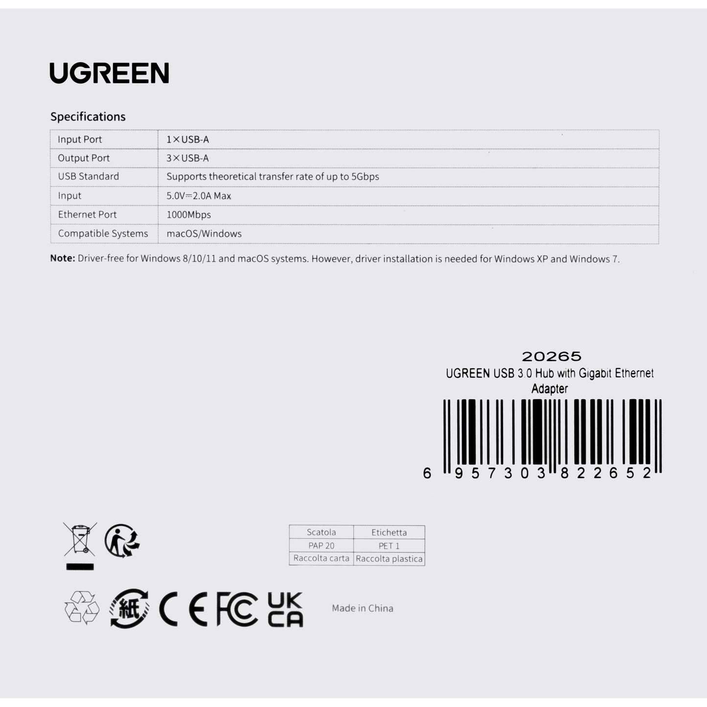 Hub USB UGREEN 20265, 3 x USB-A 3.0 - 1 x RJ45, črn