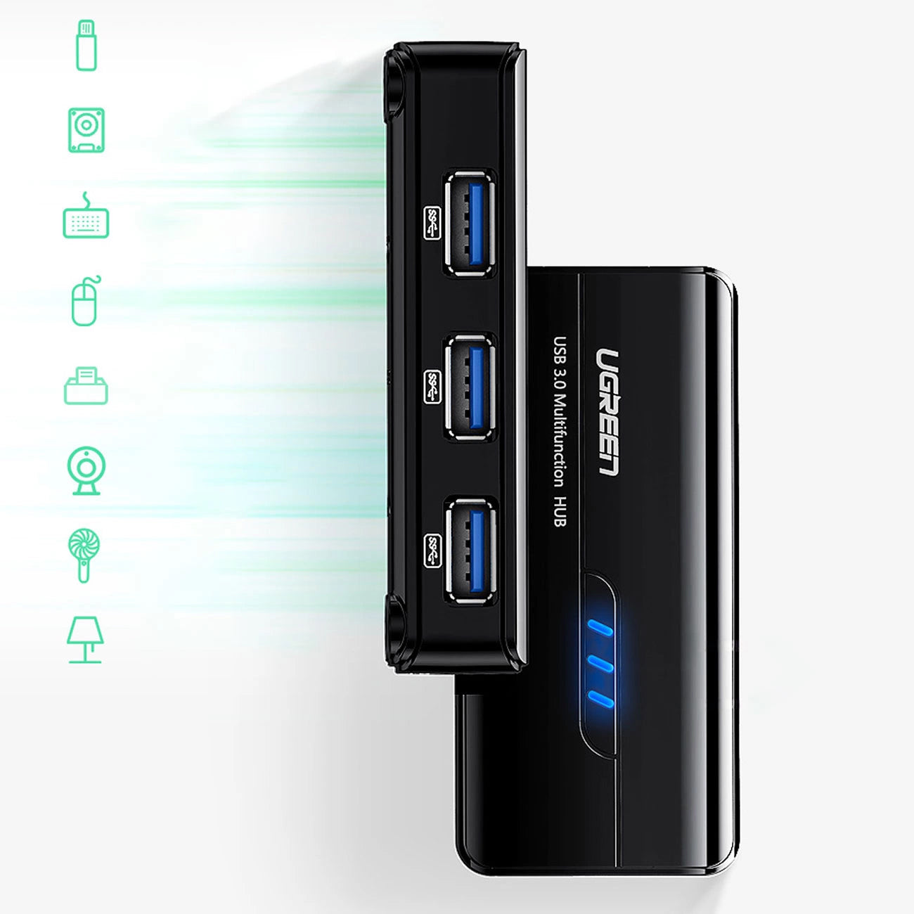 Hub USB UGREEN 20265, 3 x USB-A 3.0 - 1 x RJ45, črn