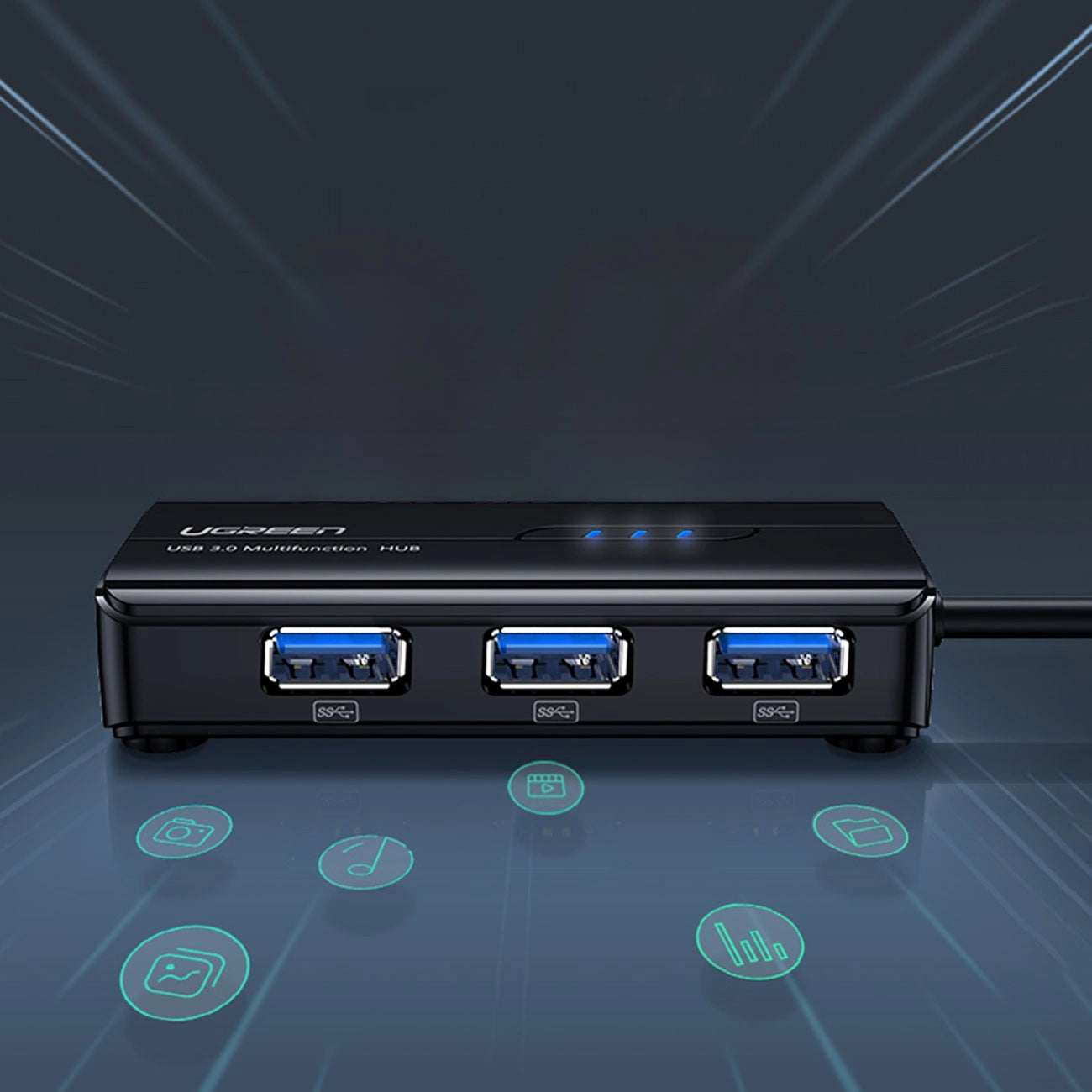 Hub USB UGREEN 20265, 3 x USB-A 3.0 - 1 x RJ45, črn