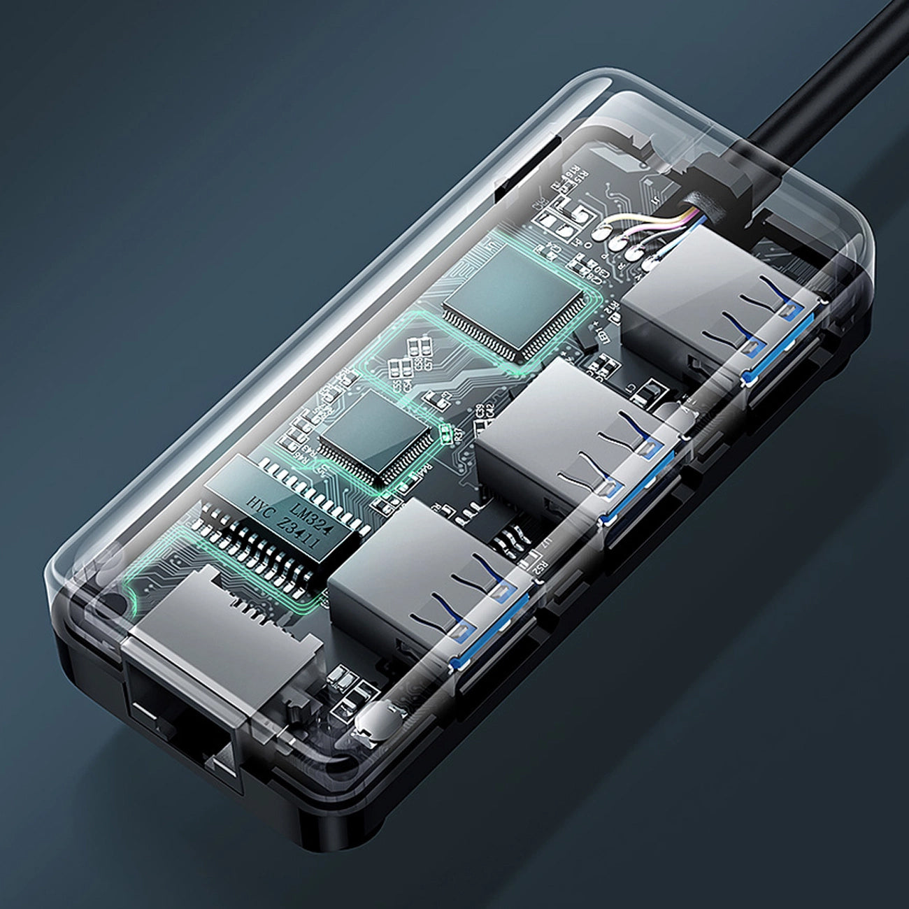Hub USB UGREEN 20265, 3 x USB-A 3.0 - 1 x RJ45, črn