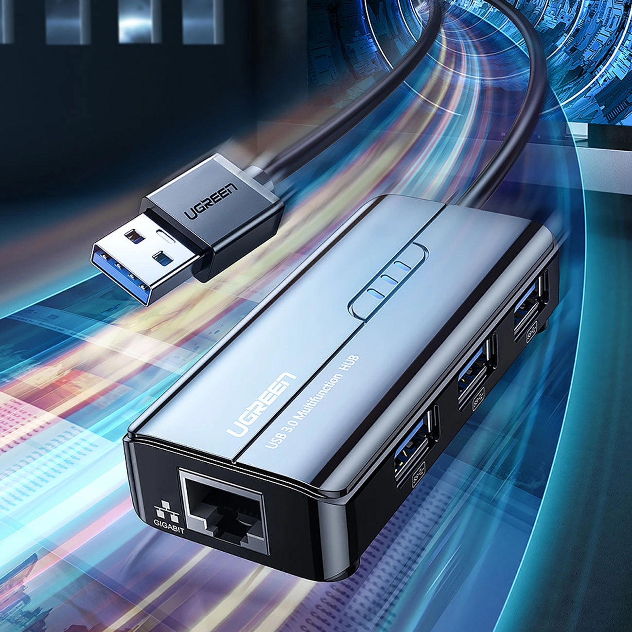 Hub USB UGREEN 20265, 3 x USB-A 3.0 - 1 x RJ45, črn