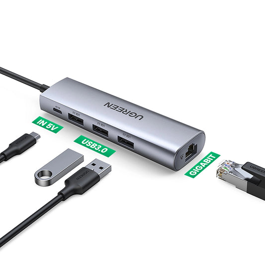 Razdelilnik USB UGREEN CM266, 3 x USB-A 3.0 - 1 x RJ45, siv