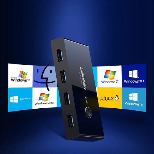 Razdelilnik USB UGREEN US216 stikalna škatla za dve souporabi, 4 x USB-A 3.0, črna