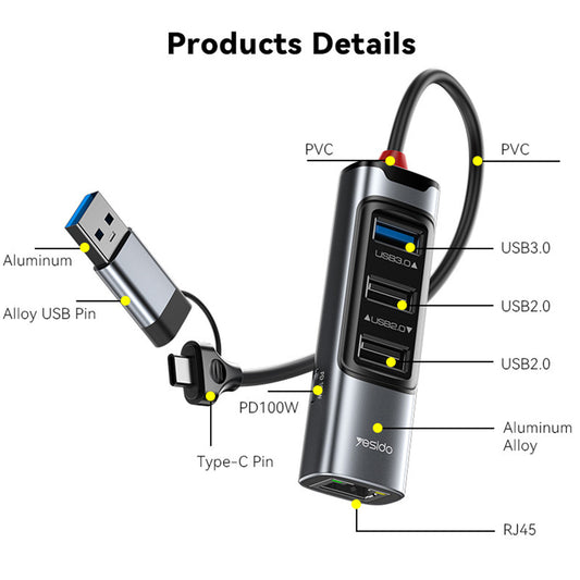 USB / USB-C razdelilnik Yesido HB21, 5v1, siv