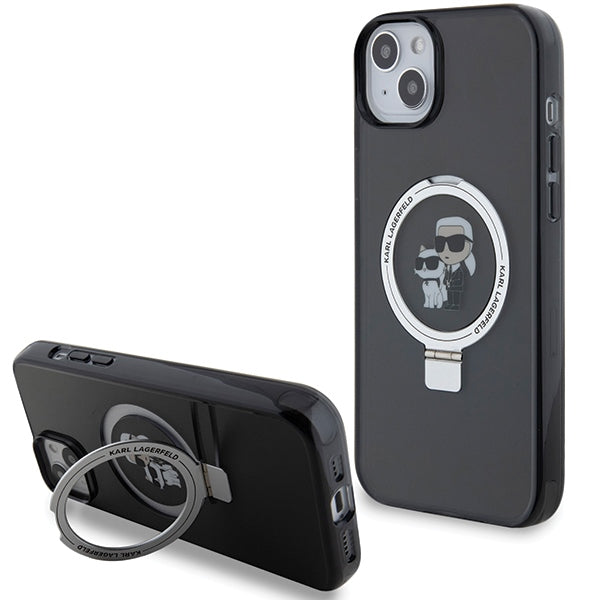 Ovitek MagSafe za Apple iPhone 14, Karl Lagerfeld, Ring Stand Karl & Choupette, črn