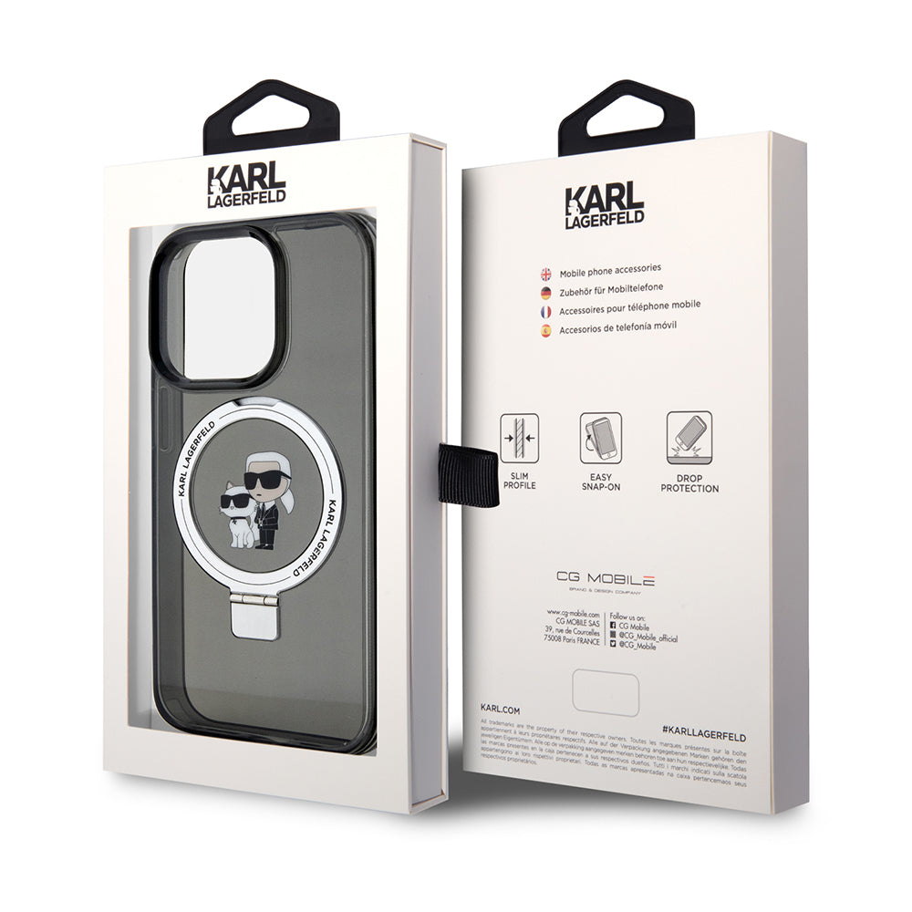 Ovitek MagSafe za Apple iPhone 14 Pro, Karl Lagerfeld, Ring Stand Karl & Choupette, Črna