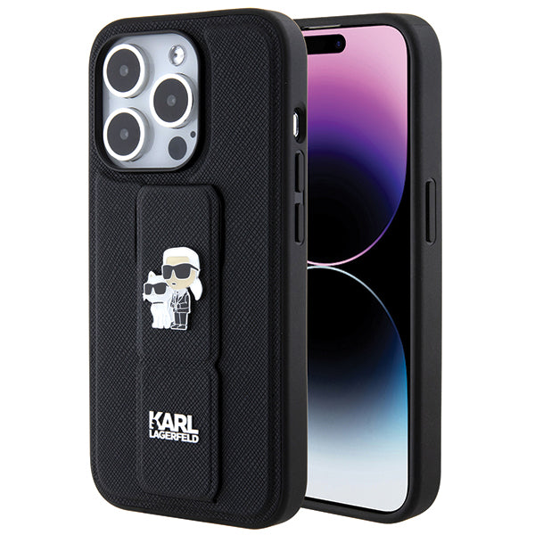 Ovitek MagSafe za Apple iPhone 14 Pro, Karl Lagerfeld, Saffiano Gripstand Karl & Choupette, črn
