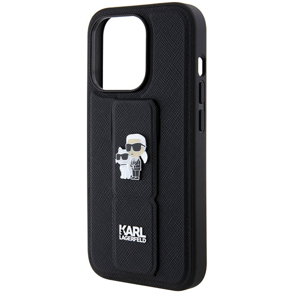 Ovitek MagSafe za Apple iPhone 14 Pro, Karl Lagerfeld, Saffiano Gripstand Karl & Choupette, črn
