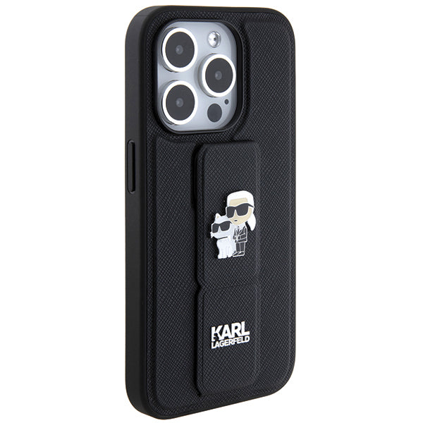 Ovitek MagSafe za Apple iPhone 14 Pro, Karl Lagerfeld, Saffiano Gripstand Karl & Choupette, črn