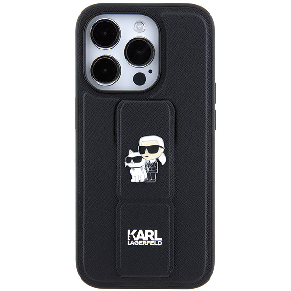 Ovitek MagSafe za Apple iPhone 14 Pro, Karl Lagerfeld, Saffiano Gripstand Karl & Choupette, črn