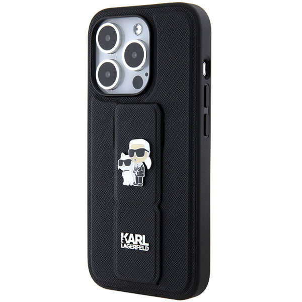 Ovitek MagSafe za Apple iPhone 14 Pro, Karl Lagerfeld, Saffiano Gripstand Karl & Choupette, črn
