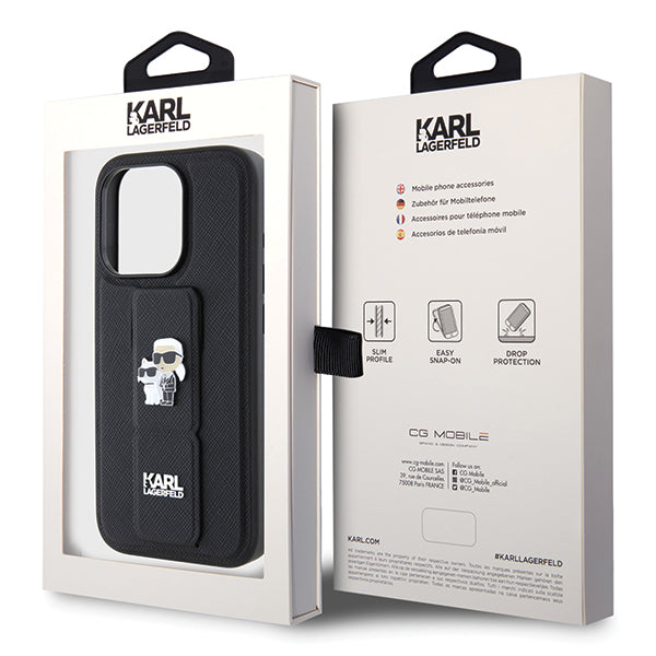 Ovitek MagSafe za Apple iPhone 14 Pro, Karl Lagerfeld, Saffiano Gripstand Karl & Choupette, črn