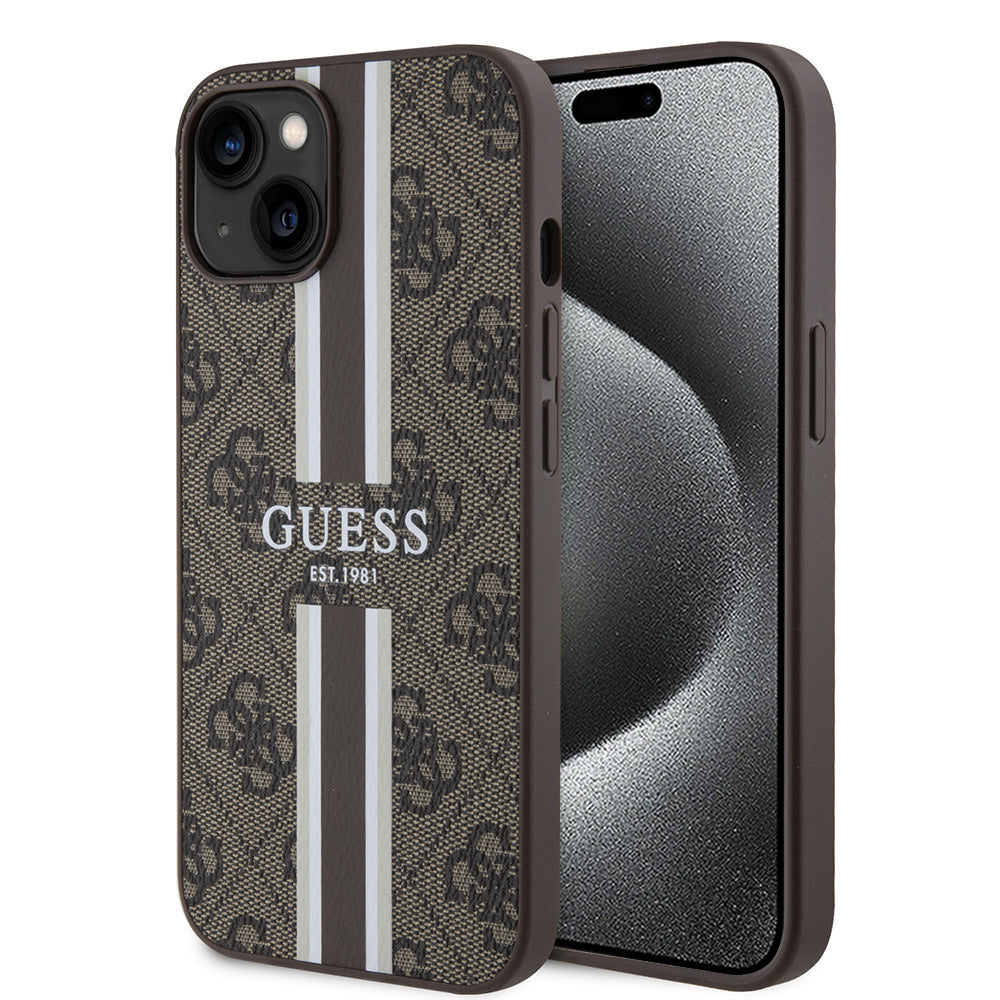 Ovitek MagSafe za Apple iPhone 15, Guess, 4G Printed Stripes, rjava