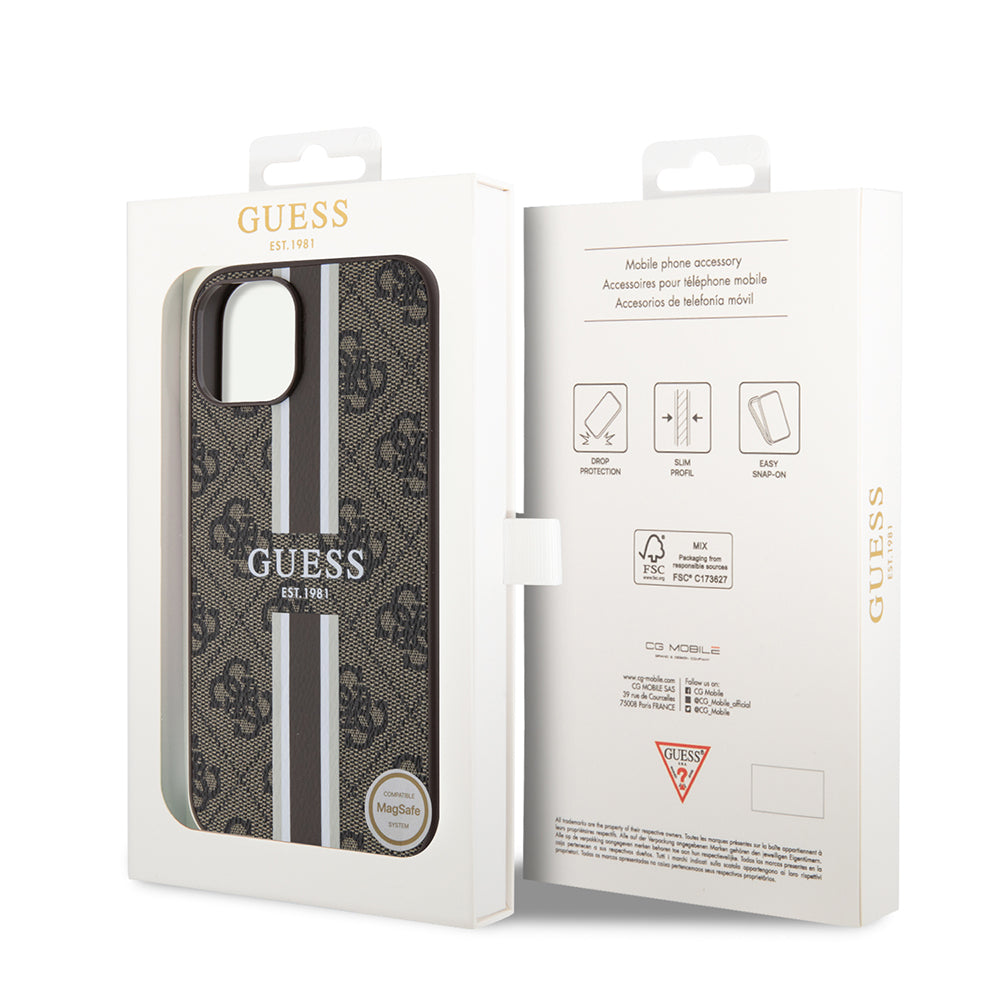 Ovitek MagSafe za Apple iPhone 15, Guess, 4G Printed Stripes, rjava