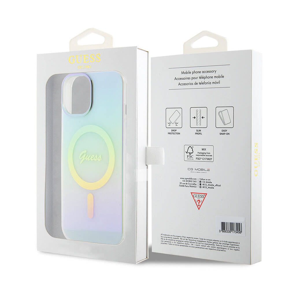Ovitek MagSafe za Apple iPhone 15, Guess, IML Iridescent, Turkizna