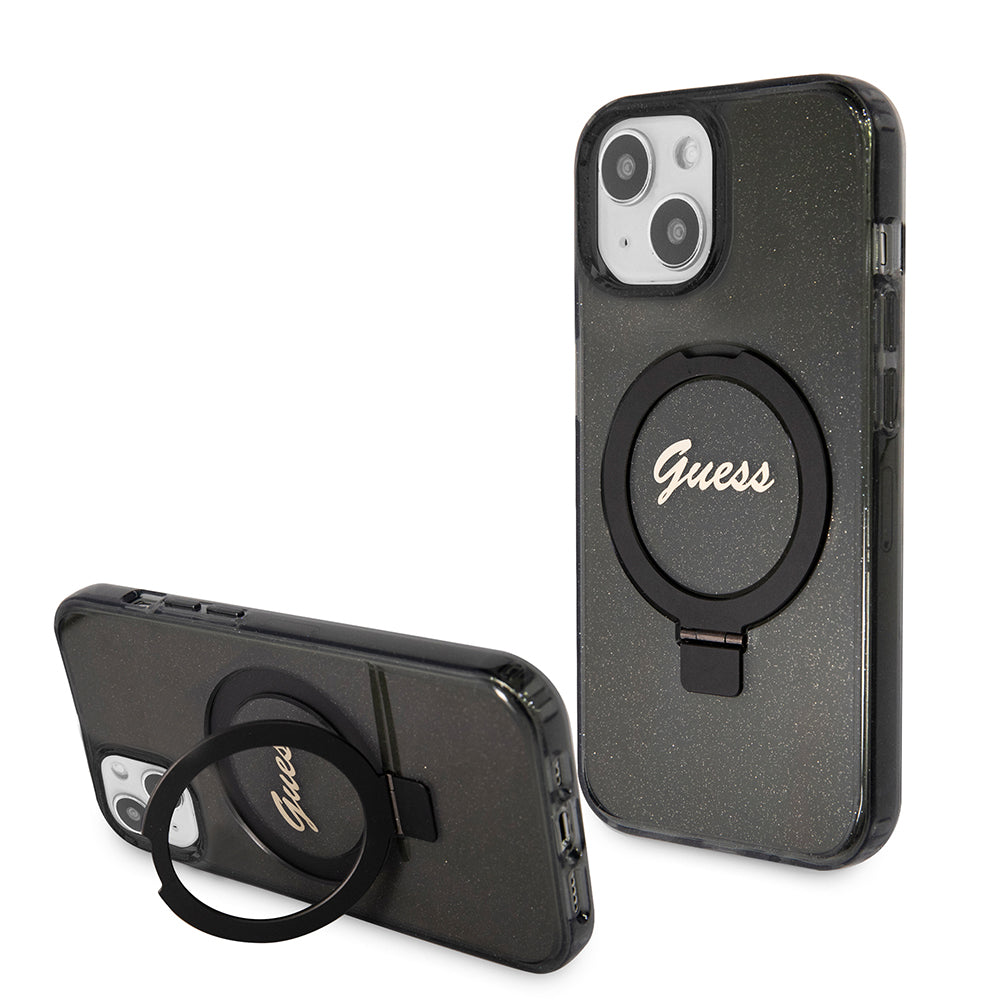 Ovitek MagSafe za Apple iPhone 15, Guess, Ring Stand Script Glitter, Črna