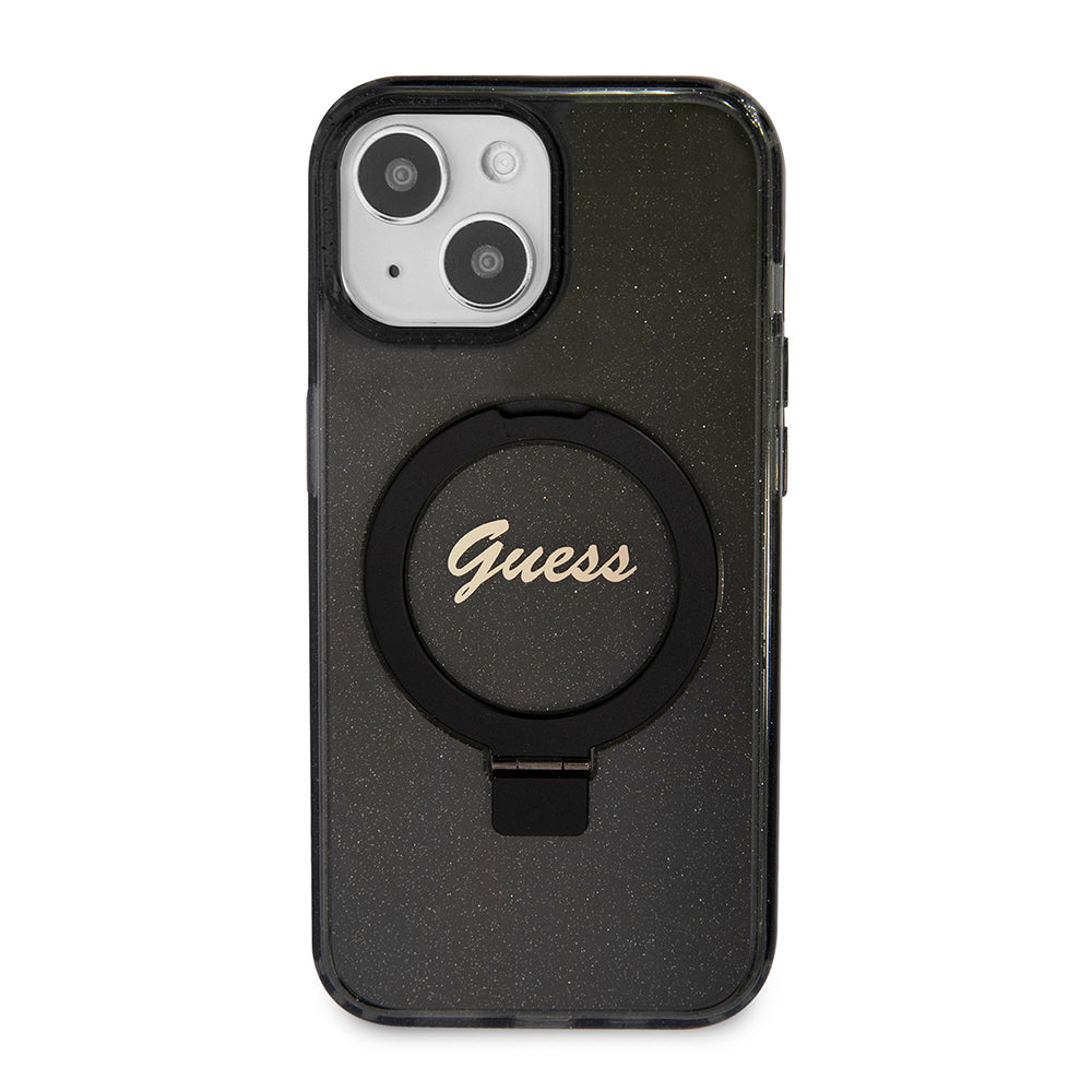 Ovitek MagSafe za Apple iPhone 15, Guess, Ring Stand Script Glitter, Črna