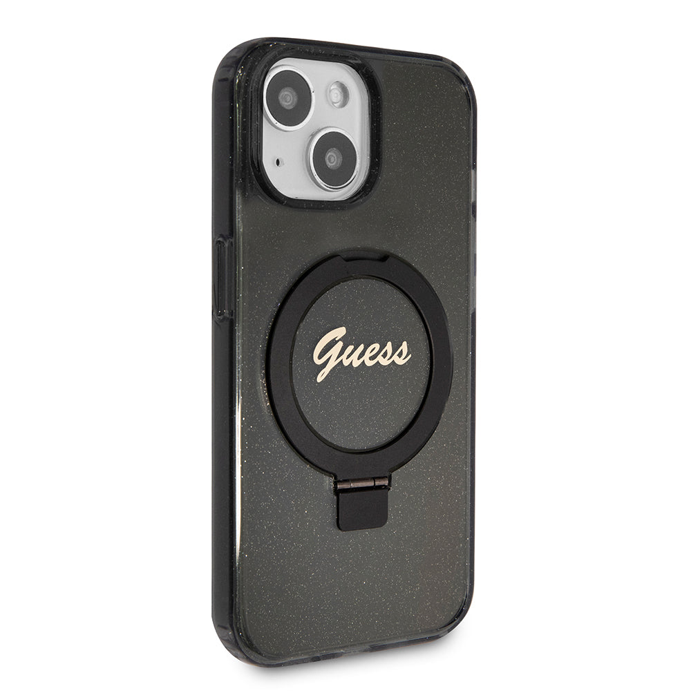 Ovitek MagSafe za Apple iPhone 15, Guess, Ring Stand Script Glitter, Črna
