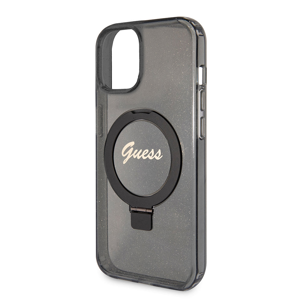 Ovitek MagSafe za Apple iPhone 15, Guess, Ring Stand Script Glitter, Črna