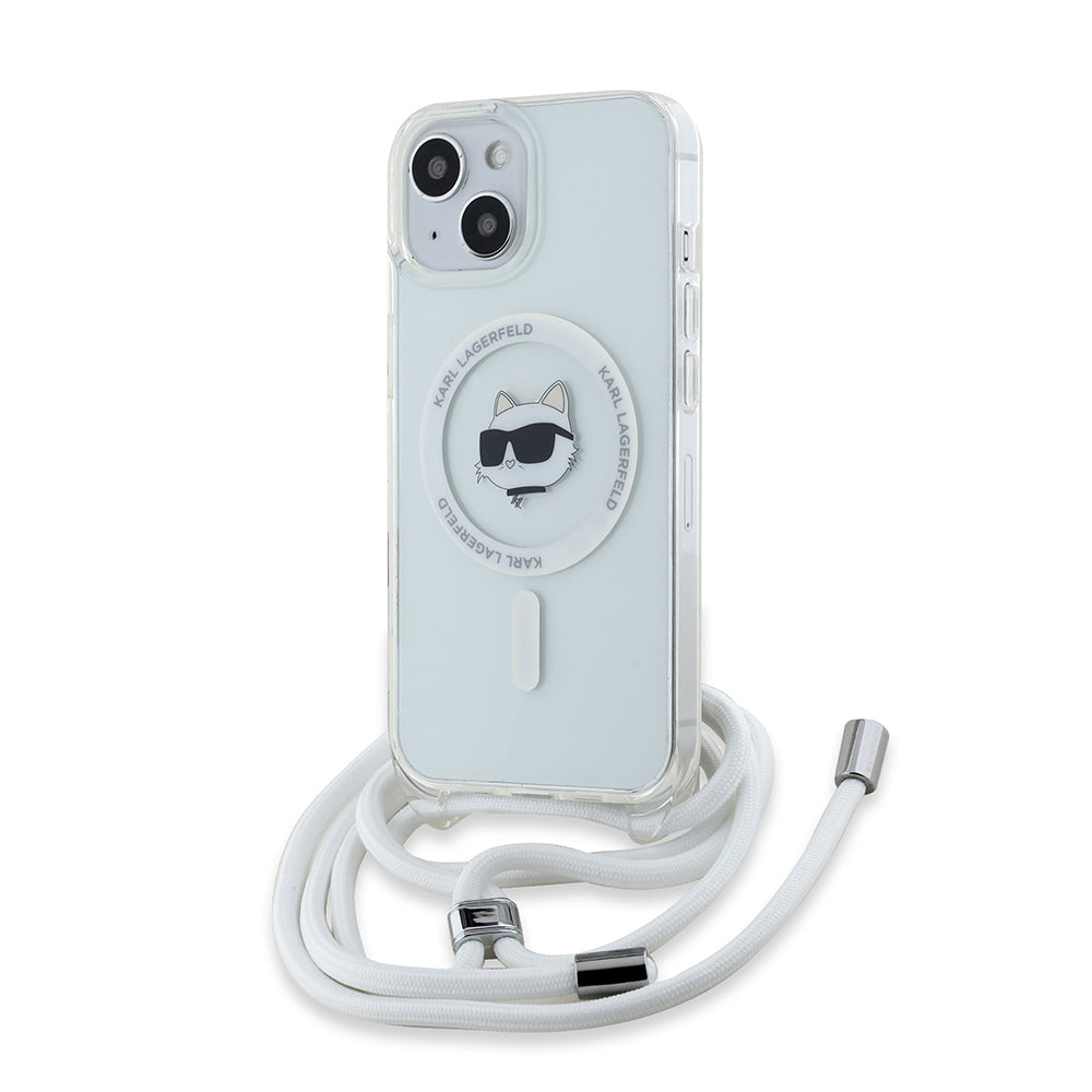 Ovitek MagSafe za Apple iPhone 15, Karl Lagerfeld, IML Crossbody Choupette's Head with Strap, Prozoren