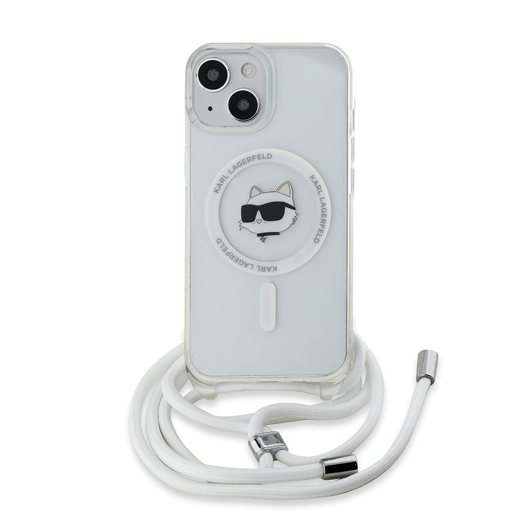 Ovitek MagSafe za Apple iPhone 15, Karl Lagerfeld, IML Crossbody Choupette's Head with Strap, Prozoren