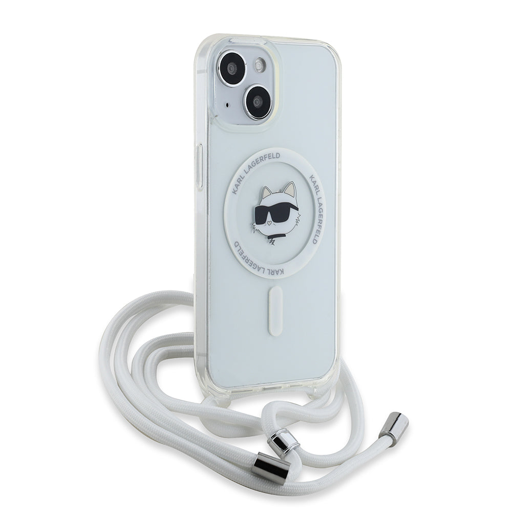 Ovitek MagSafe za Apple iPhone 15, Karl Lagerfeld, IML Crossbody Choupette's Head with Strap, Prozoren