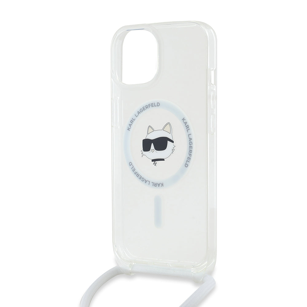 Ovitek MagSafe za Apple iPhone 15, Karl Lagerfeld, IML Crossbody Choupette's Head with Strap, Prozoren