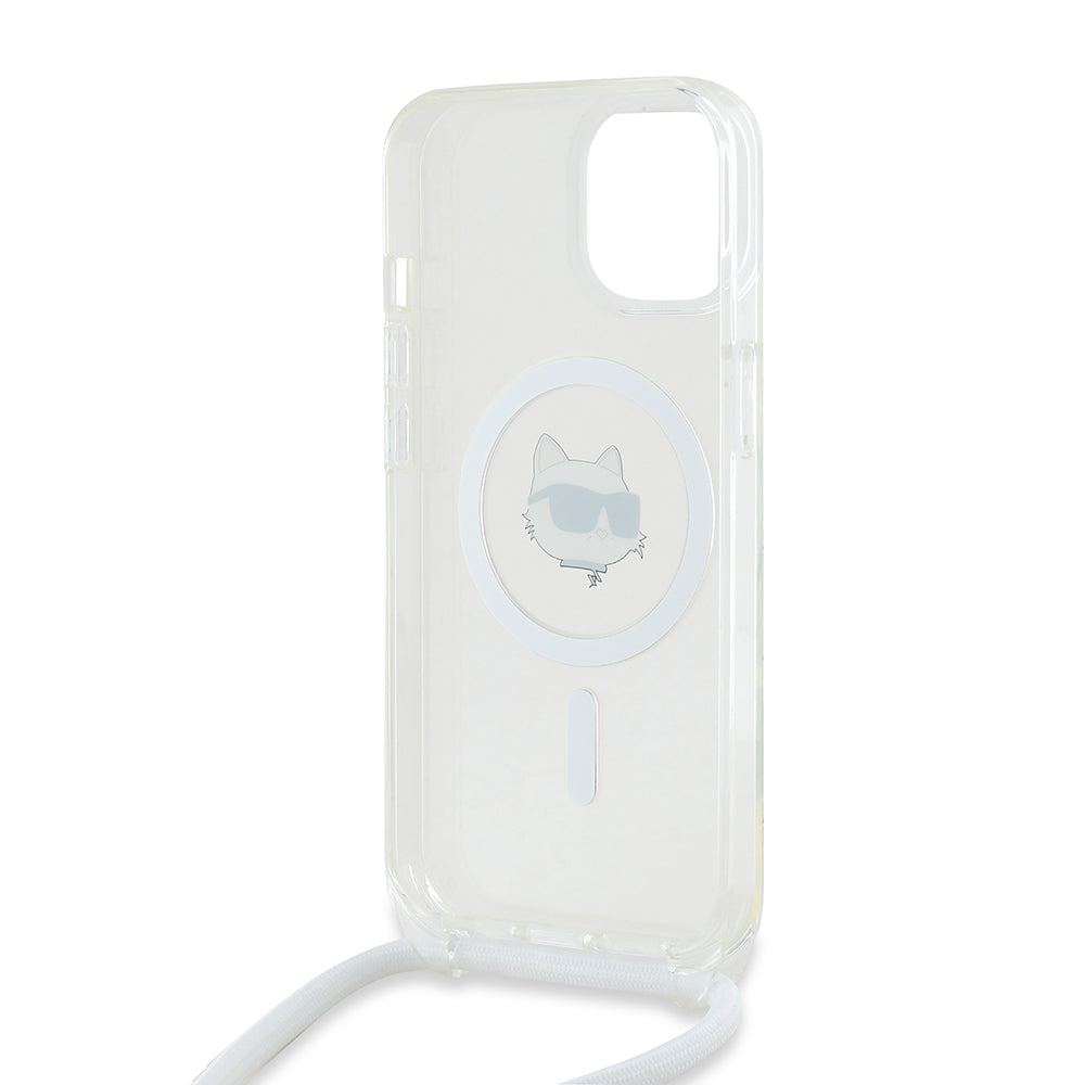 Ovitek MagSafe za Apple iPhone 15, Karl Lagerfeld, IML Crossbody Choupette's Head with Strap, Prozoren