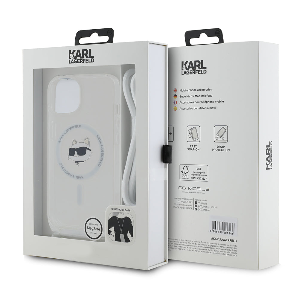 Ovitek MagSafe za Apple iPhone 15, Karl Lagerfeld, IML Crossbody Choupette's Head with Strap, Prozoren
