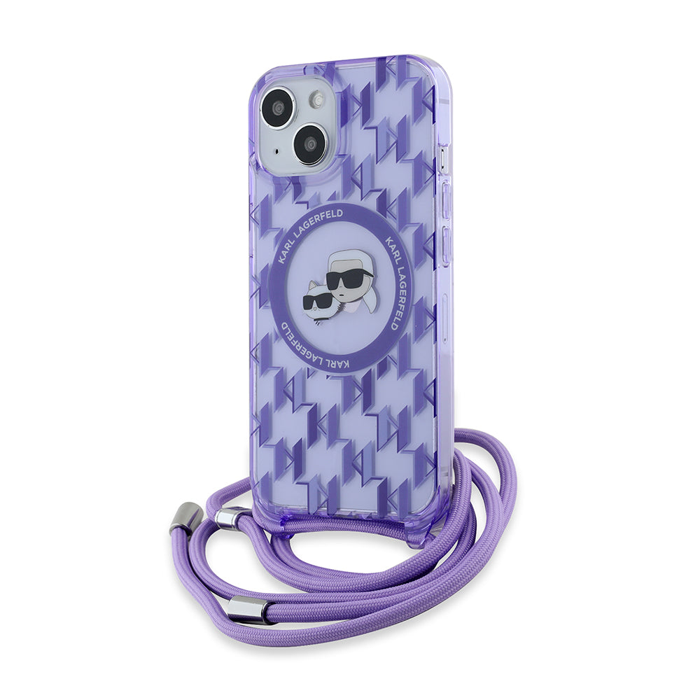 Ovitek MagSafe za Apple iPhone 15, Karl Lagerfeld, IML Crossbody Monogram Karl & Choupette's Heads, Vijolična