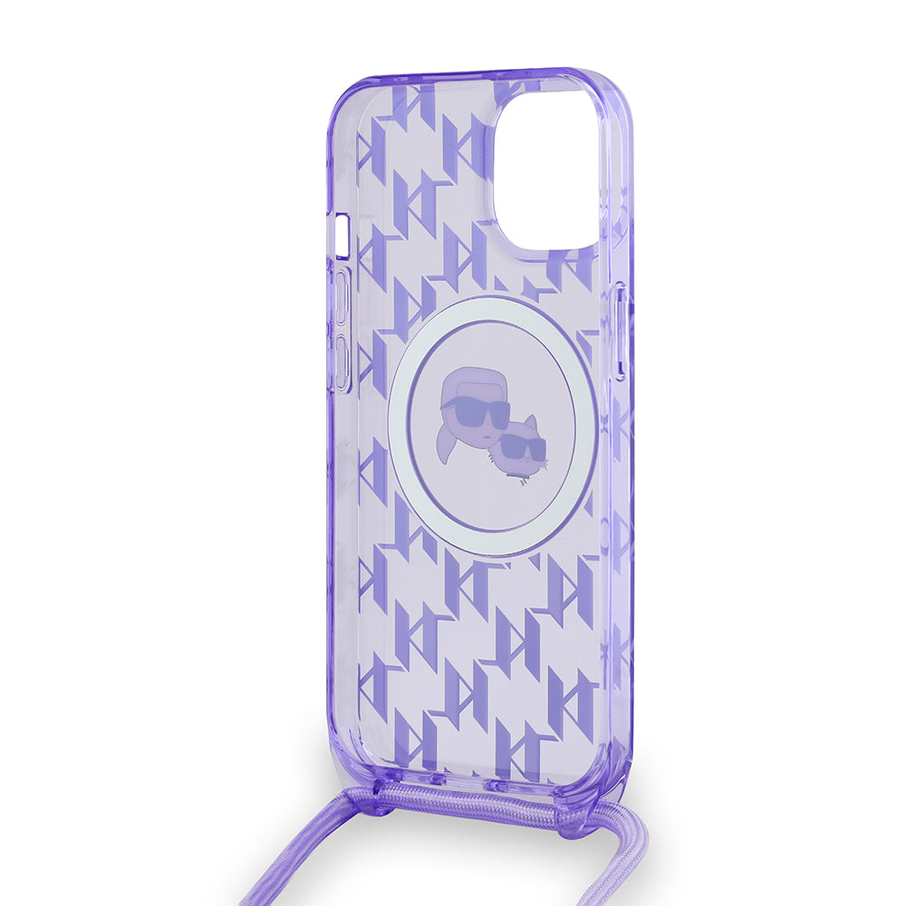 Ovitek MagSafe za Apple iPhone 15, Karl Lagerfeld, IML Crossbody Monogram Karl & Choupette's Heads, Vijolična
