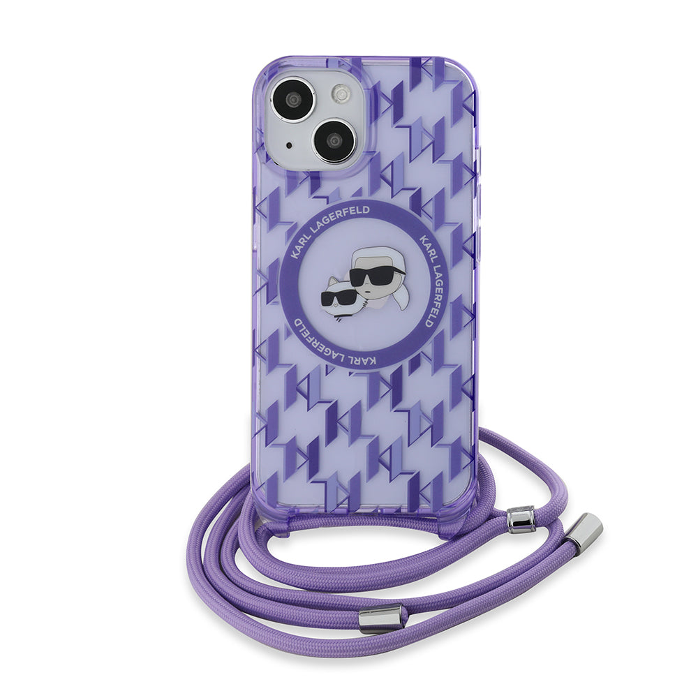 Ovitek MagSafe za Apple iPhone 15, Karl Lagerfeld, IML Crossbody Monogram Karl & Choupette's Heads, Vijolična