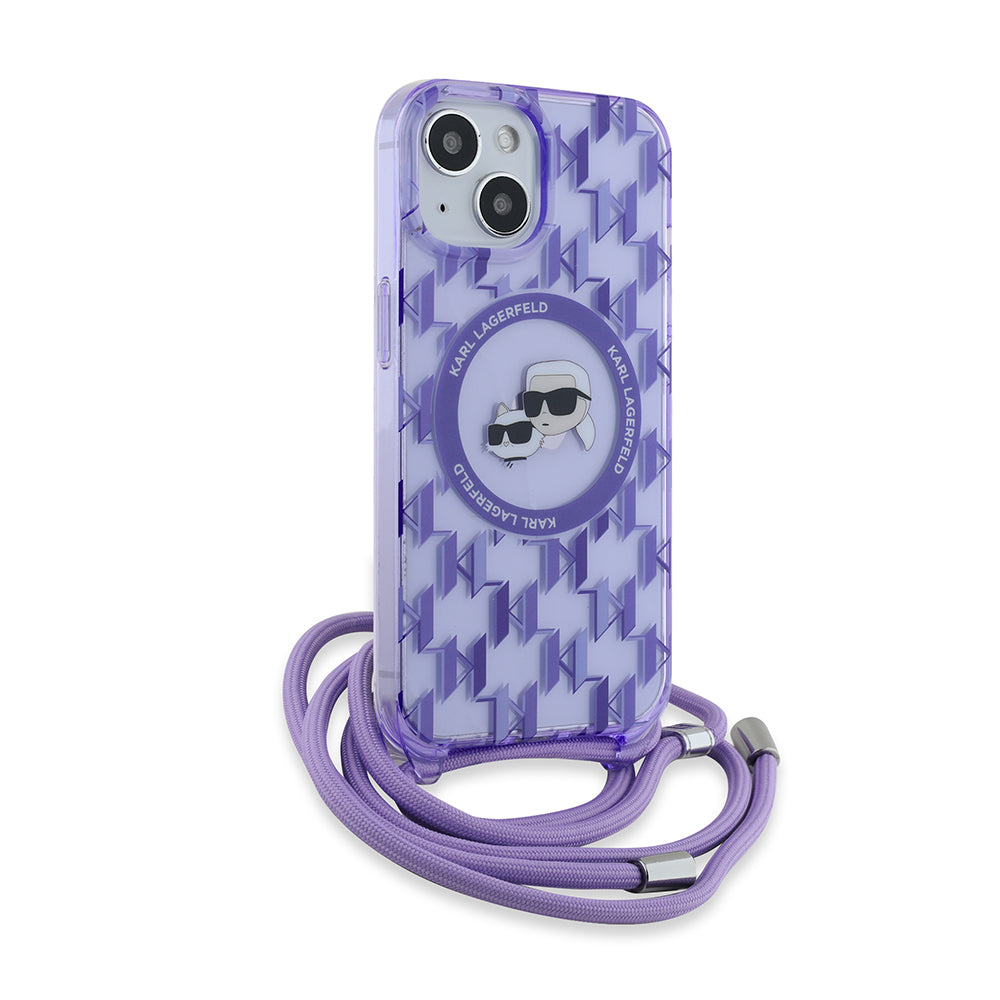 Ovitek MagSafe za Apple iPhone 15, Karl Lagerfeld, IML Crossbody Monogram Karl & Choupette's Heads, Vijolična