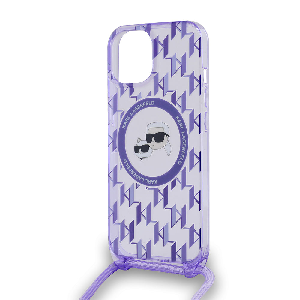 Ovitek MagSafe za Apple iPhone 15, Karl Lagerfeld, IML Crossbody Monogram Karl & Choupette's Heads, Vijolična