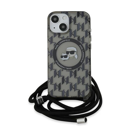 Ovitek MagSafe za Apple iPhone 15, Karl Lagerfeld, IML Crossbody Monogram Karl & Choupette's Heads, Črna