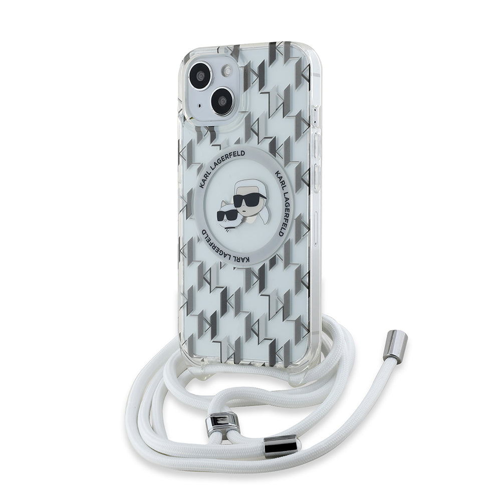 Ovitek MagSafe za Apple iPhone 15, Karl Lagerfeld, IML Crossbody Monogram Karl & Choupette's Heads, Prozoren