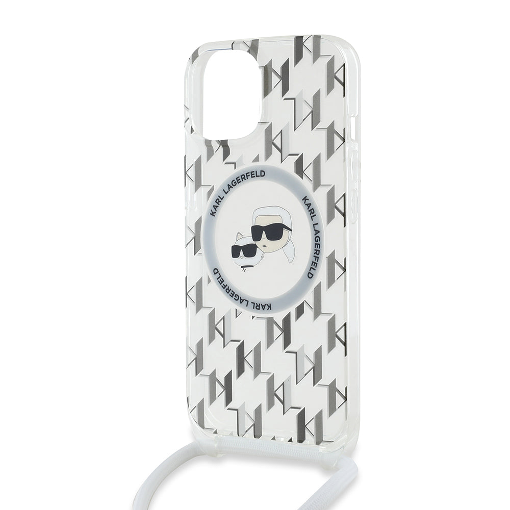 Ovitek MagSafe za Apple iPhone 15, Karl Lagerfeld, IML Crossbody Monogram Karl & Choupette's Heads, Prozoren