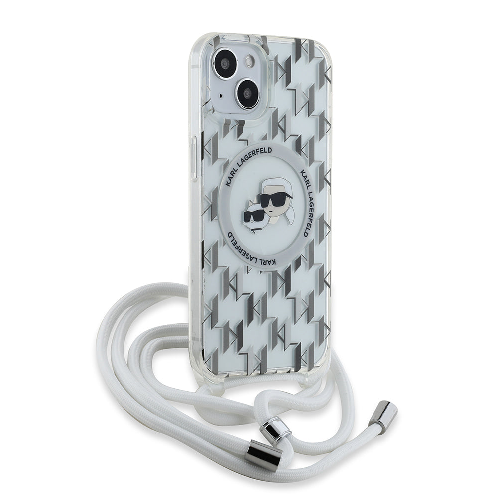 Ovitek MagSafe za Apple iPhone 15, Karl Lagerfeld, IML Crossbody Monogram Karl & Choupette's Heads, Prozoren