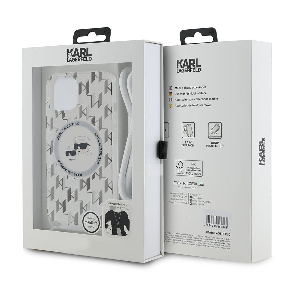 Ovitek MagSafe za Apple iPhone 15, Karl Lagerfeld, IML Crossbody Monogram Karl & Choupette's Heads, Prozoren